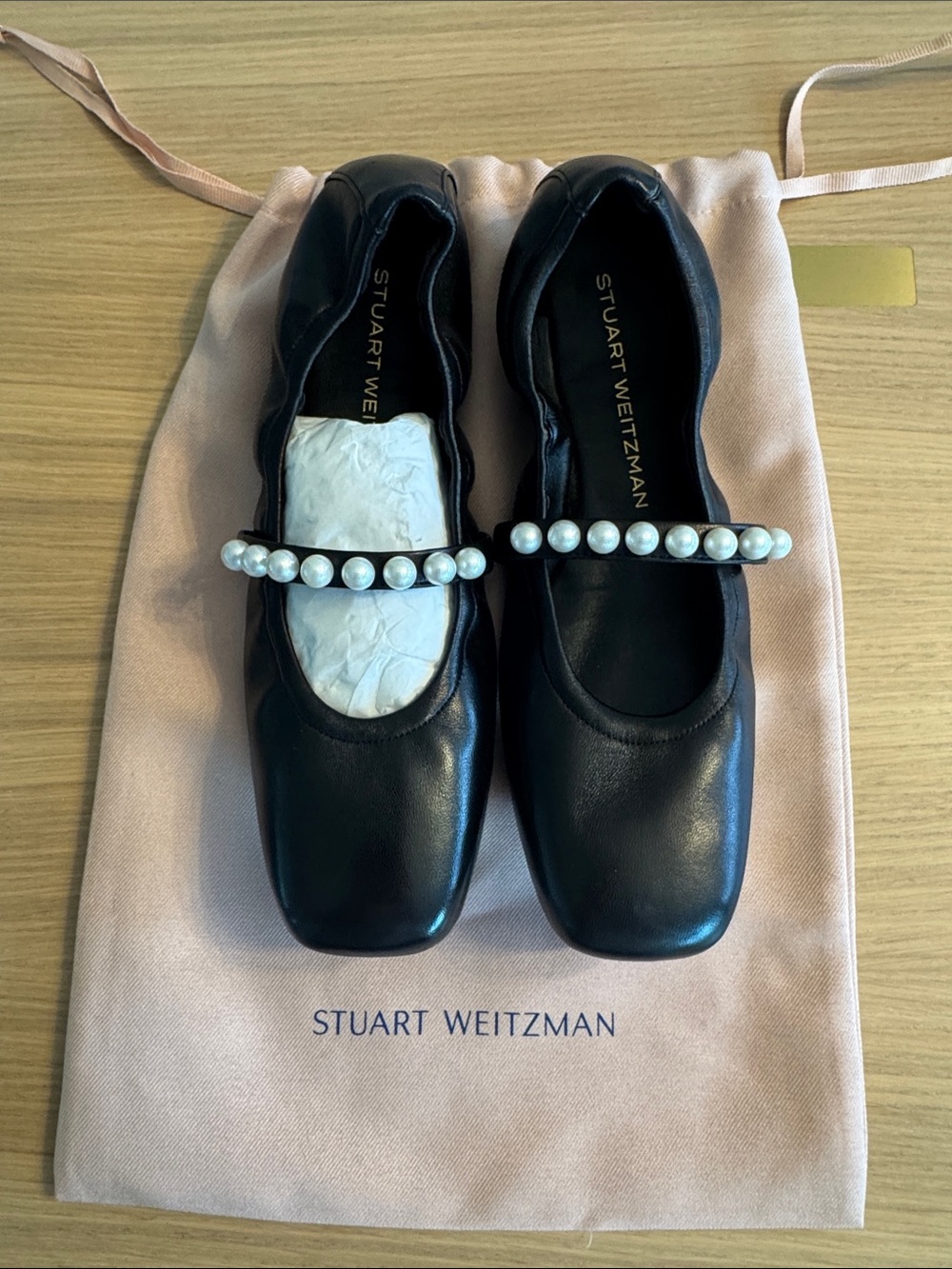 Stuart Weitzman Black Pearl Strap Mary Jane Flats